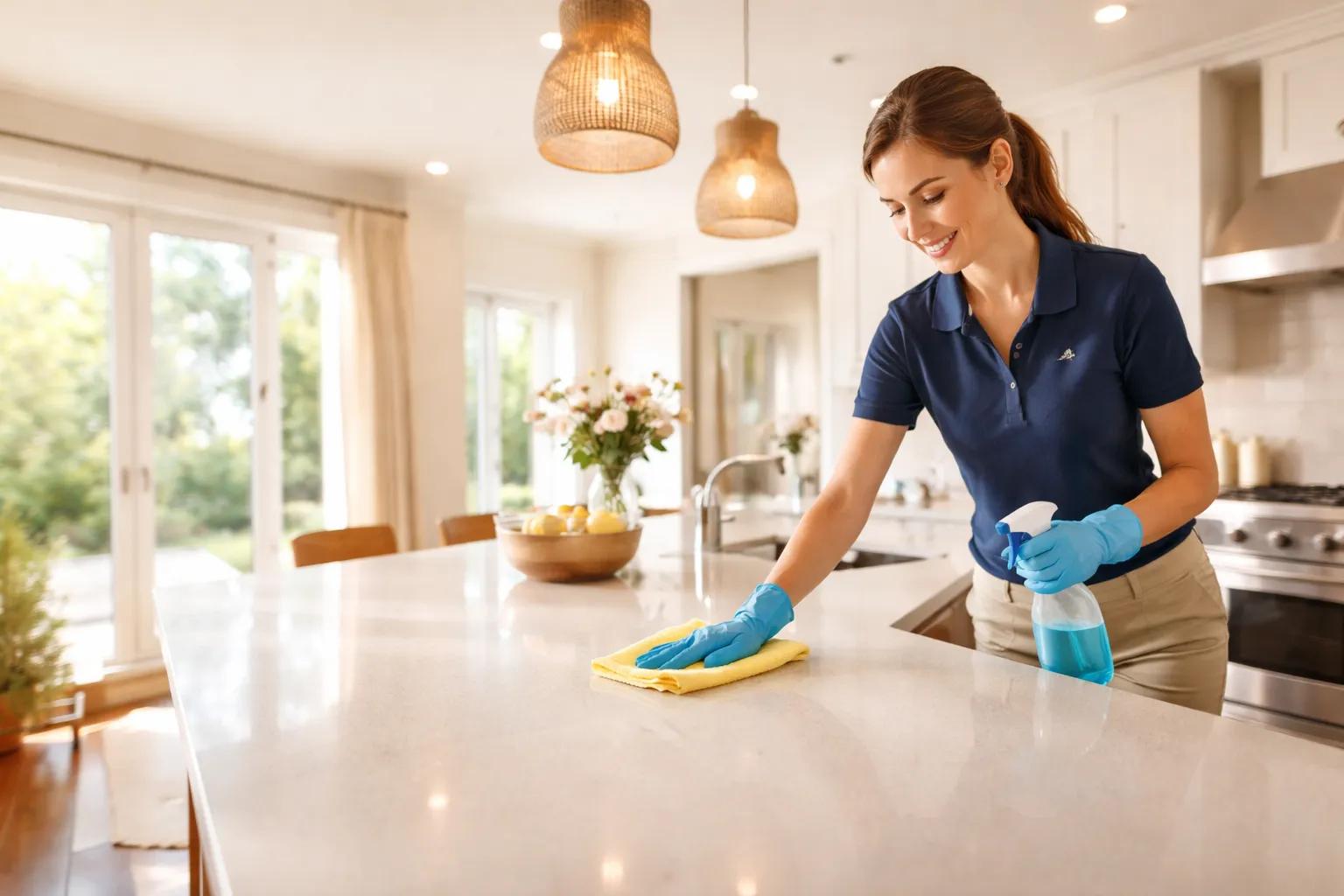 Cleaning service USA professional cleaner working in a modern home