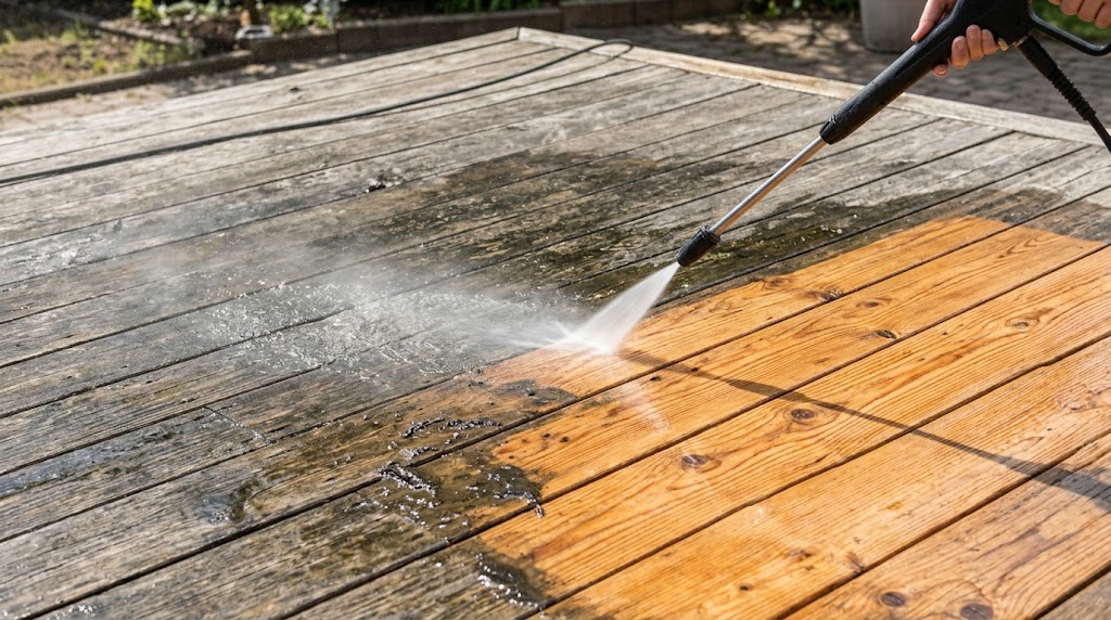 How to clean a wooden deck using a deck brush and cleaning solution